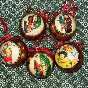 Lot Of 5 Decoupage Paper Mache Ornaments W/Red Ribbon